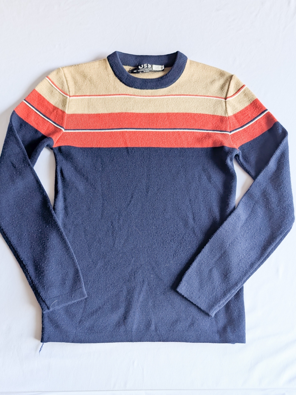 Vintage OSSI Skiwear Wool Acrylic Sweater Blue Orange Striped 70s Style Mens Med